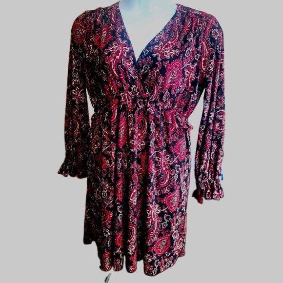 Michael Kors Dresses & Skirts - NWT Michael Michael Kors Black Maroon Paisley Faux Wrap Ruffle Sleeves Dress L